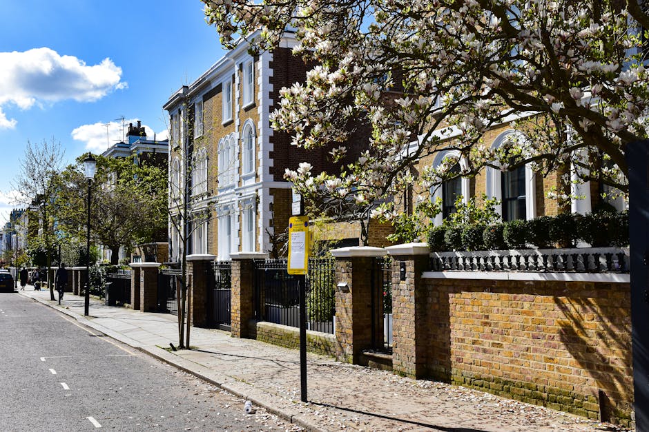 A residential street scene featuring a row of Victorian-style brick houses with white window frames and decorative architectural details, situated behind low brick walls and black metal railings. The pavement is lined with young trees, some of which are blossoming with white flowers, indicating springtime. A yellow bus stop sign is positioned along the curb, with a metal pole supporting it. The sky above is mostly clear with a few scattered clouds, and bright sunlight enhances the details of the buildings, trees, and street. This setting illustrates a typical London neighbourhood, suitable for home relocation or furniture transport services provided by Man With a Van Parsons Green, highlighting the environment where moving activities like loading or unloading furniture and boxes might occur.
